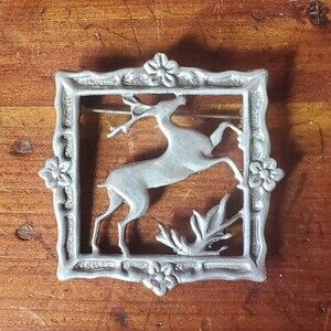 Vintage Lang Sterling Silver Framed Deer Stag Pin Back Brooch Floral Details
